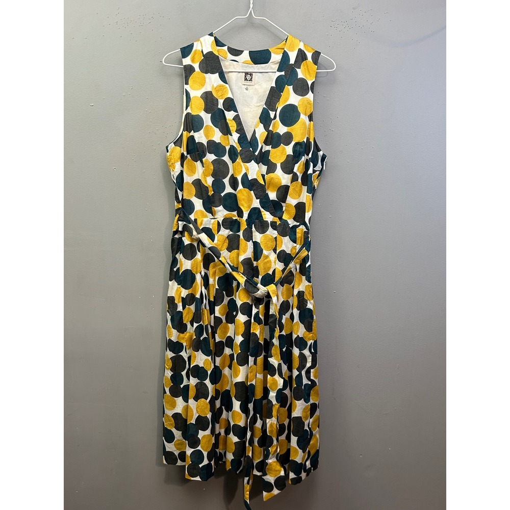 Anne Klein Dress Women 12 Yellow Teal Polka Dot V-Neck Cotton A-Line Midi Dress